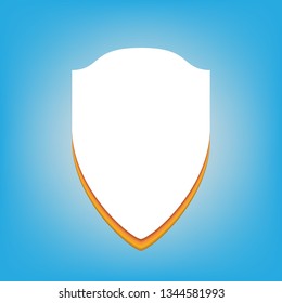 Shield sign illustration. Vector. White icon with 3d warm-colored gradient body at sky blue background.