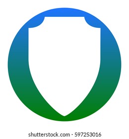 Shield sign illustration. Vector. White icon in bluish circle on white background. Isolated.