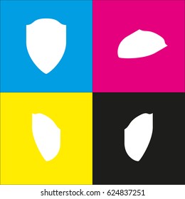 Shield sign illustration. Vector. White icon with isometric projections on cyan, magenta, yellow and black backgrounds.