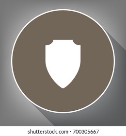 Shield sign illustration. Vector. White icon on brown circle with white contour and long shadow at gray background. Like top view on postament.