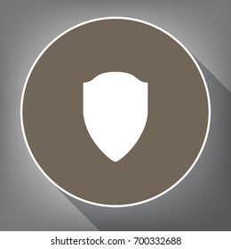 Shield sign illustration. Vector. White icon on brown circle with white contour and long shadow at gray background. Like top view on postament.