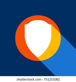 Shield sign illustration. Vector. White icon on tangelo circle with infinite shadow of light at cool black background. Selective yellow and bright navy blue are produced.