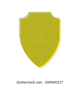 Shield sign illustration. Vector. Yellow icon with square pattern duplicate at white background. Isolated.