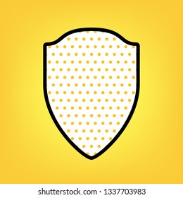 Shield sign illustration. Vector. Yellow polka dot white icon with black contour at warm yellow background.