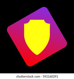 Shield sign illustration. Vector. Yellow icon at violet-red gradient square with rounded corners rotated for dynamics on black background.