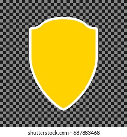 Shield sign illustration. Vector. Yellow icon with white contour on dark transparent background.