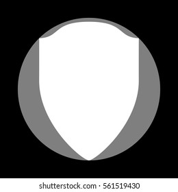 Shield sign illustration. White icon in gray circle at black background. Circumscribed circle. Circumcircle.
