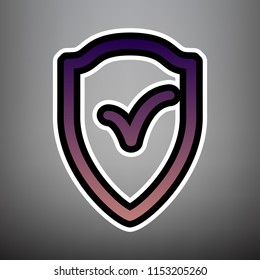 Shield sign as protection and insurance symbol. Vector. Violet gradient icon with black and white linear edges at gray background.