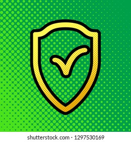 Shield sign as protection and insurance symbol. Vector. Pop art orange to yellow dots-gradient icon with black contour at greenish background.