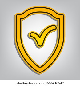 Shield sign as protection and insurance symbol. Flat orange icon with overlapping linear black icon with gray shadow at whitish background. Illustration.