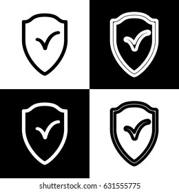 Shield sign as protection and insurance symbol. Vector. Black and white icons and line icon on chess board.
