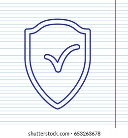 Shield sign as protection and insurance symbol. Vector. Navy line icon on notebook paper as background with red line for field. - Shutterstock ID 653263678