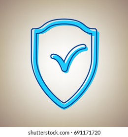 Shield sign as protection and insurance symbol. Vector. Sky blue icon with defected blue contour on beige background.