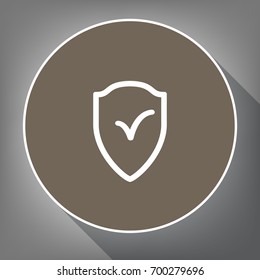 Shield sign as protection and insurance symbol. Vector. White icon on brown circle with white contour and long shadow at gray background. Like top view on postament.