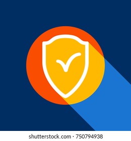 Shield sign as protection and insurance symbol. Vector. White icon on tangelo circle with infinite shadow of light at cool black background. Selective yellow and bright navy blue are produced.
