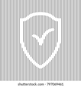 Shield sign as protection and insurance symbol. Vector. White icon on grayish striped background. Optical illusion.