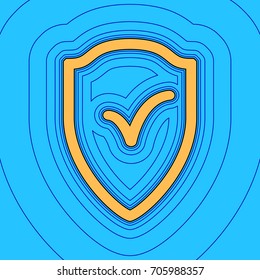 Shield sign as protection symbol. Vector. Sand color icon with black contour and equidistant blue contours like field at sky blue background. Like waves on map - island in ocean or sea.
