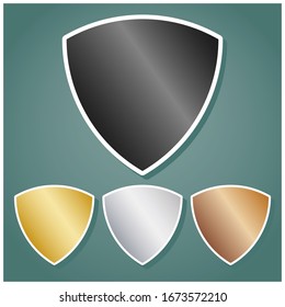 Shield sign. Set of metallic Icons with gray, gold, silver and bronze gradient with white contour and shadow at viridan background. Illustration.
