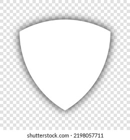 Signo Escudo. Icono blanco con sombra gris natural caída en fondo transparente. Ilustración.