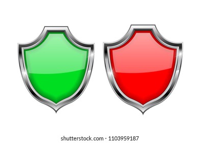 Shield signs. Security alert symbols. Green and red 3d elements. Vector illustration isolated on white background