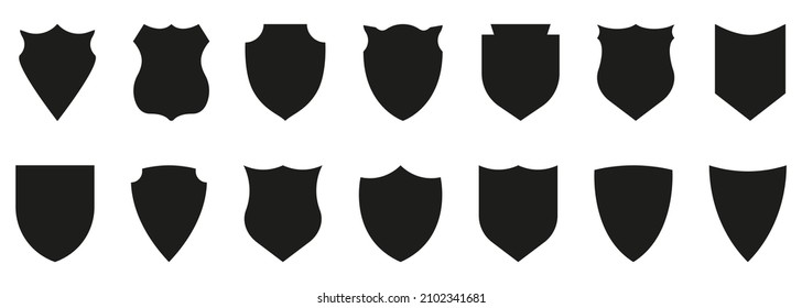 Shield Silhouette Icon Set. Antivirus Protect. Police Badge Shape and Football Patches. Sign of Safety, Defence, Safe Pictogram. Guard Defense Emblem Collection Icon. Isolated Vector Illustration.
