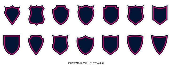 Shield Silhouette Icon Set. Antivirus Protect. Police Badge Shape and Football Patches. Sign of Safety, Defence, Safe Pictogram. Guard Defense Emblem Collection Icon. Isolated Vector Illustration.