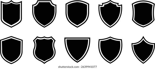 Shield silhouette icon set. Protect shield security icon collection. Shield badge quality symbol isolated on transparent background. Design elements for safety and protection. Vector illustration.