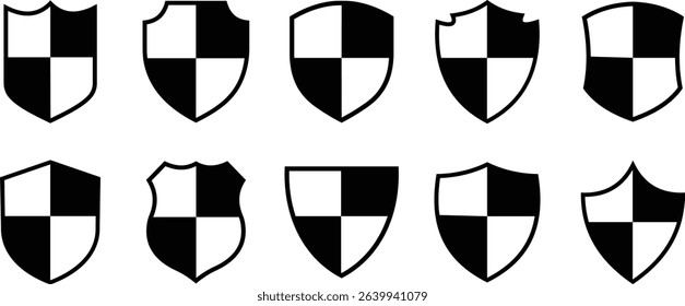 Shield silhouette icon set. Protect shield security icon collection. Shield badge quality symbol isolated on transparent background. Design elements for safety and protection. Vector illustration.