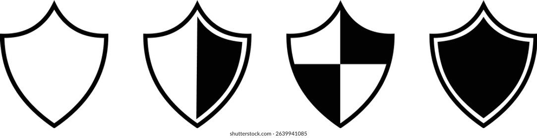 Shield silhouette icon set. Protect shield security icon collection. Shield badge quality symbol isolated on transparent background. Design elements for safety and protection. Vector illustration.