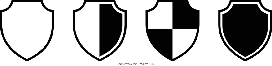 Shield silhouette icon set. Protect shield security icon collection. Shield badge quality symbol isolated on transparent background. Design elements for safety and protection. Vector illustration.