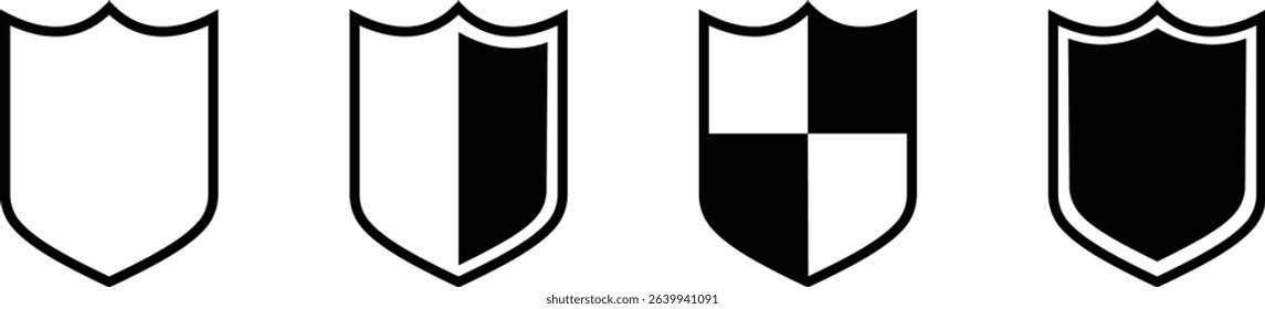 Shield silhouette icon set. Protect shield security icon collection. Shield badge quality symbol isolated on transparent background. Design elements for safety and protection. Vector illustration.