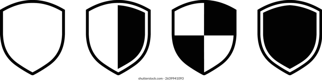 Shield silhouette icon set. Protect shield security icon collection. Shield badge quality symbol isolated on transparent background. Design elements for safety and protection. Vector illustration.