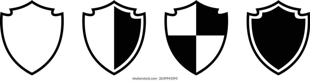 Shield silhouette icon set. Protect shield security icon collection. Shield badge quality symbol isolated on transparent background. Design elements for safety and protection. Vector illustration.