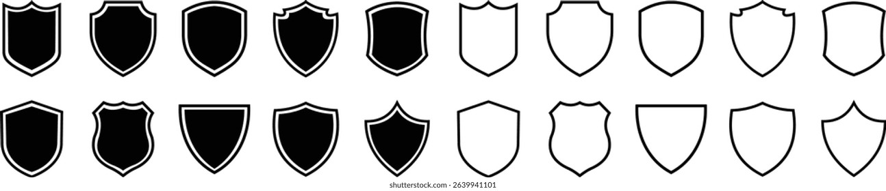 Shield silhouette icon set. Protect shield security icon collection. Shield badge quality symbol isolated on transparent background. Design elements for safety and protection. Vector illustration.