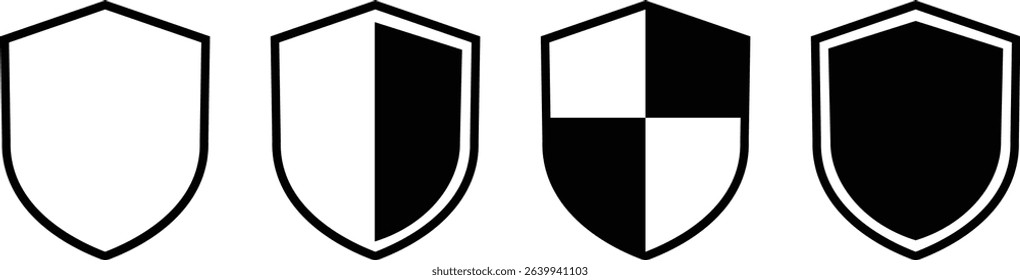 Shield silhouette icon set. Protect shield security icon collection. Shield badge quality symbol isolated on transparent background. Design elements for safety and protection. Vector illustration.