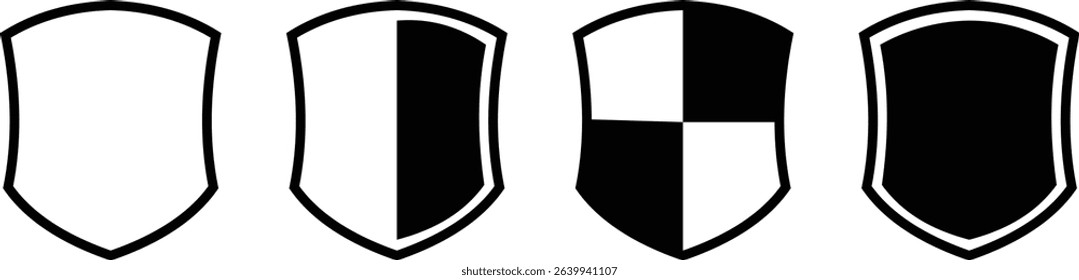Shield silhouette icon set. Protect shield security icon collection. Shield badge quality symbol isolated on transparent background. Design elements for safety and protection. Vector illustration.