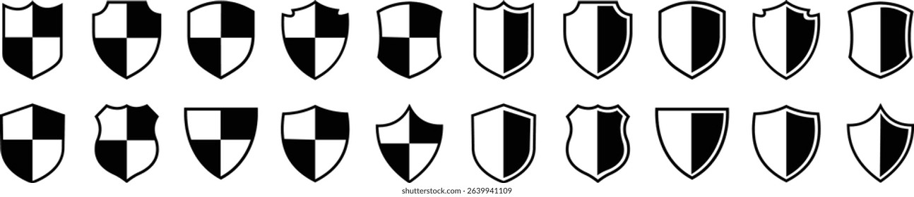 Shield silhouette icon set. Protect shield security icon collection. Shield badge quality symbol isolated on transparent background. Design elements for safety and protection. Vector illustration.