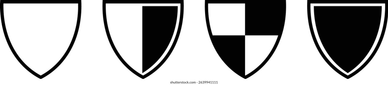 Shield silhouette icon set. Protect shield security icon collection. Shield badge quality symbol isolated on transparent background. Design elements for safety and protection. Vector illustration.