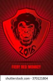 Shield with a silhouette of a monkey on a background of diverging sunlight. Red fire monkey on a retro background. Red fire monkey symbol of 2016 th year. Vector illustration.