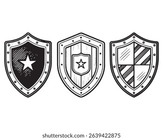 Shield silhouette vector set, Protect shield security line art icons vector