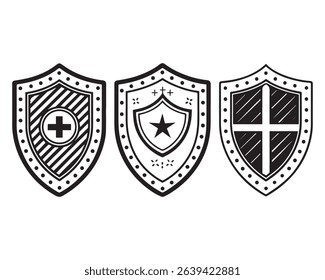 Shield silhouette vector set, Protect shield security line art icons vector