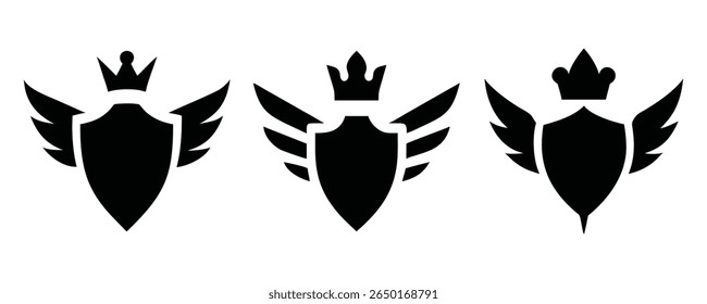 Shield silhouette vector shape eps, Royal Winged Shield Logo Collection  Vintage Crown Emblem Badge Vectors for Branding and Identity Design, Silhouette vector eps 