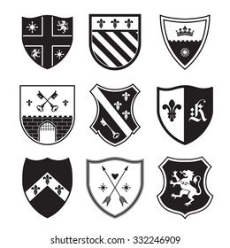 Shield silhouettes for signs and symbols (safety, security, military, medieval). Based on and inspired by old heraldry.