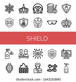 shield simple icons set. Contains such icons as Star of david, Shield, Crown, Security, Shocked, Hockey mask, Cyber attack, Protective, Protection, can be used for web, mobile and logo