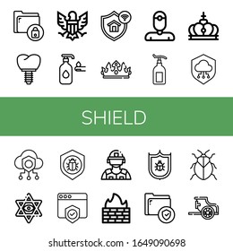 Schild einfache Symbole gesetzt. Enthält Symbole wie Secure, Crown, Eagle, Lotion, Schutz, Dentist, Shield, Safe, Star of David, Antivirus, kann für Web, Mobile und Logo verwendet werden