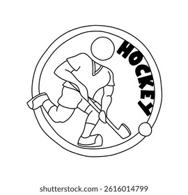 Shield sketch human figure playing hockey. Black lines hand drawn cartoon style vector illustration. Sports, stamp.