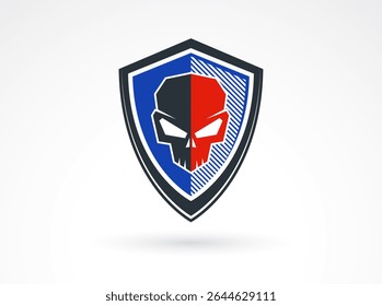 Shield with skull inside vector symbol, classic ammo design element.