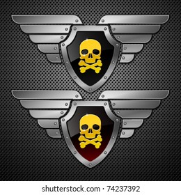 Shield with skull and wings on a metallic background.