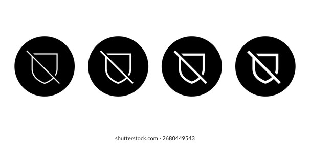 Shield with slash line icon in black circle. No protection symbol. Unsecure sign