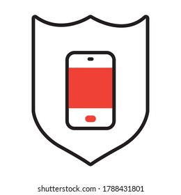 blindaje con icono de smartphone sobre fondo blanco, estilo de media línea, ilustración vectorial